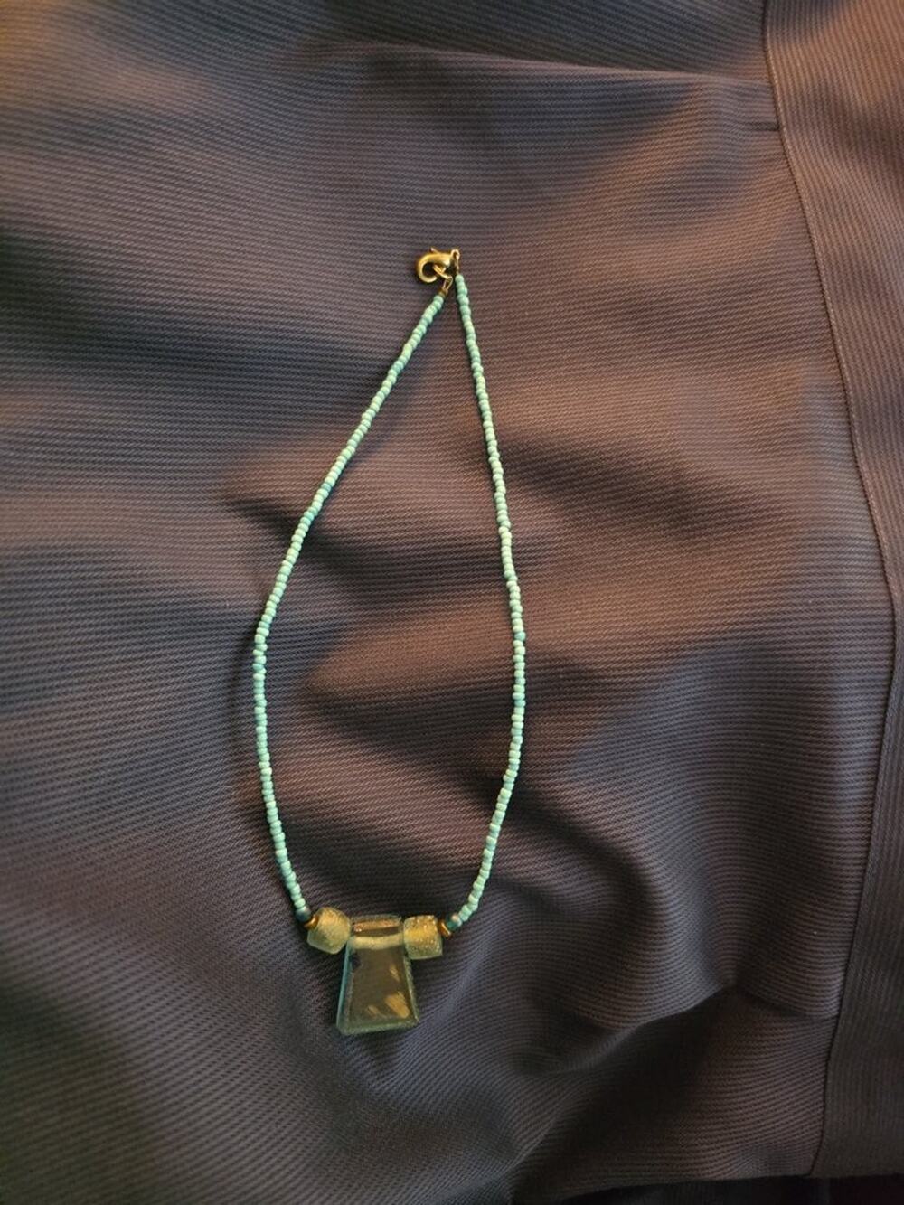 Vintage Turquoise Beaded Necklace with Glass? Plastic? Pendant 14 Inch